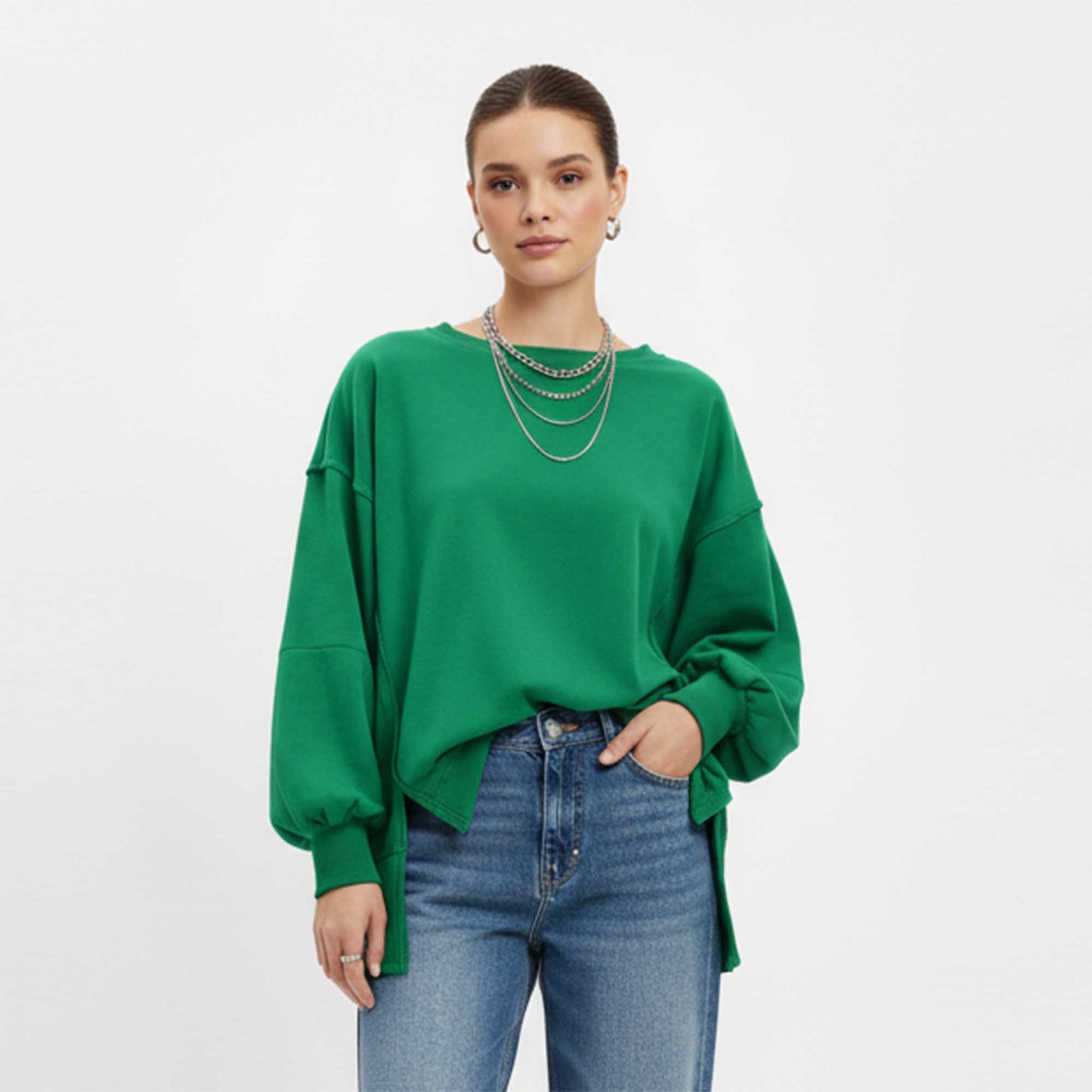 Women's Slouchy Crewneck Sweatshirt - Stretch Polyester Blend with Side Slit Details Cherie Code