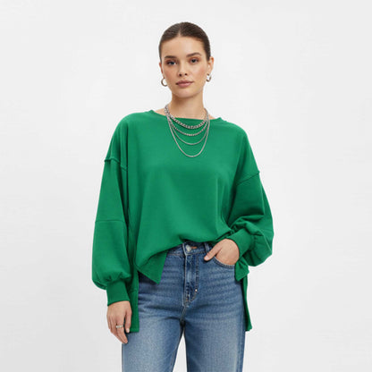 Women's Slouchy Crewneck Sweatshirt - Stretch Polyester Blend with Side Slit Details Cherie Code