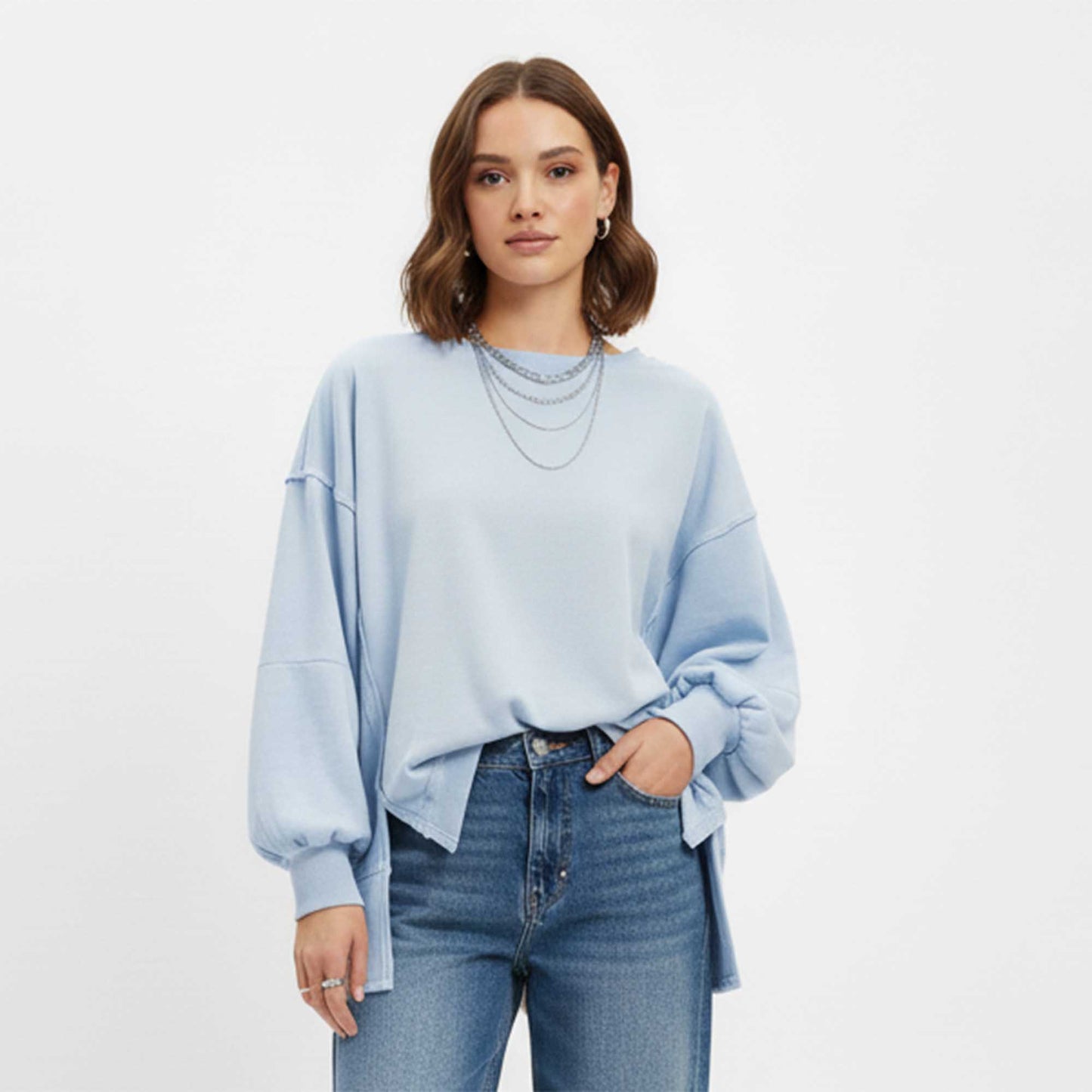 Women's Slouchy Crewneck Sweatshirt - Stretch Polyester Blend with Side Slit Details Cherie Code