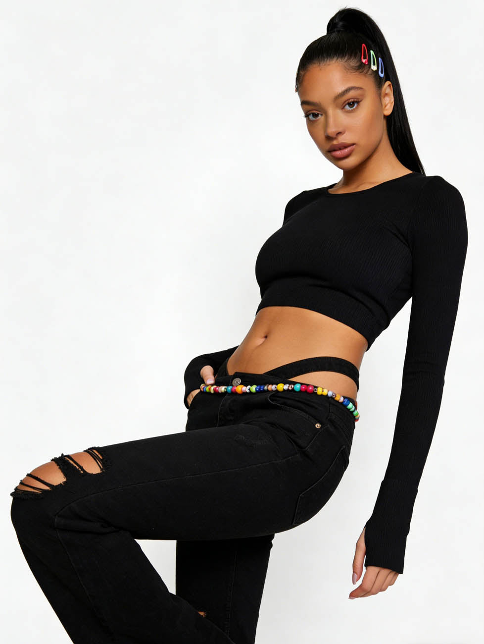 Cherie Code Women's Ribbed Long Sleeve Back Cutout Crop Top - Soft Stretch Fitted Pullover