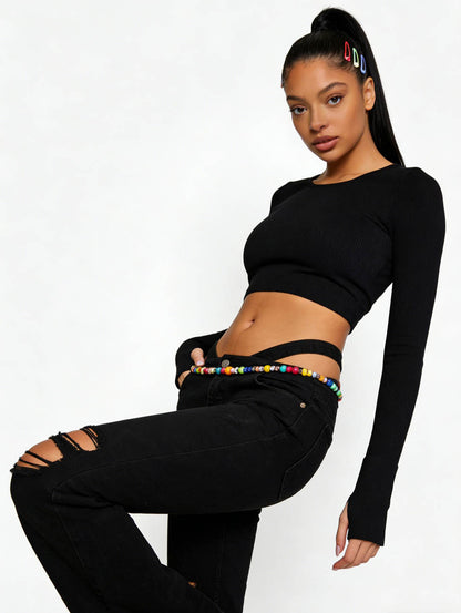Cherie Code Women's Ribbed Long Sleeve Back Cutout Crop Top - Soft Stretch Fitted Pullover