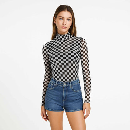 Women's Grid Print Sheer High Neck Top– Cherie Code