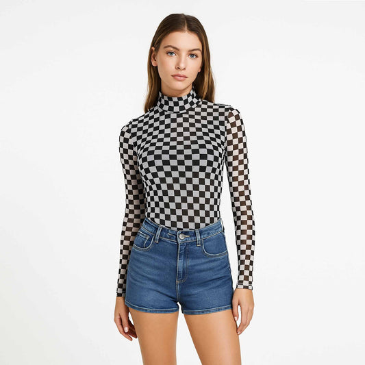 Women's Grid Print Sheer High Neck Top– Cherie Code