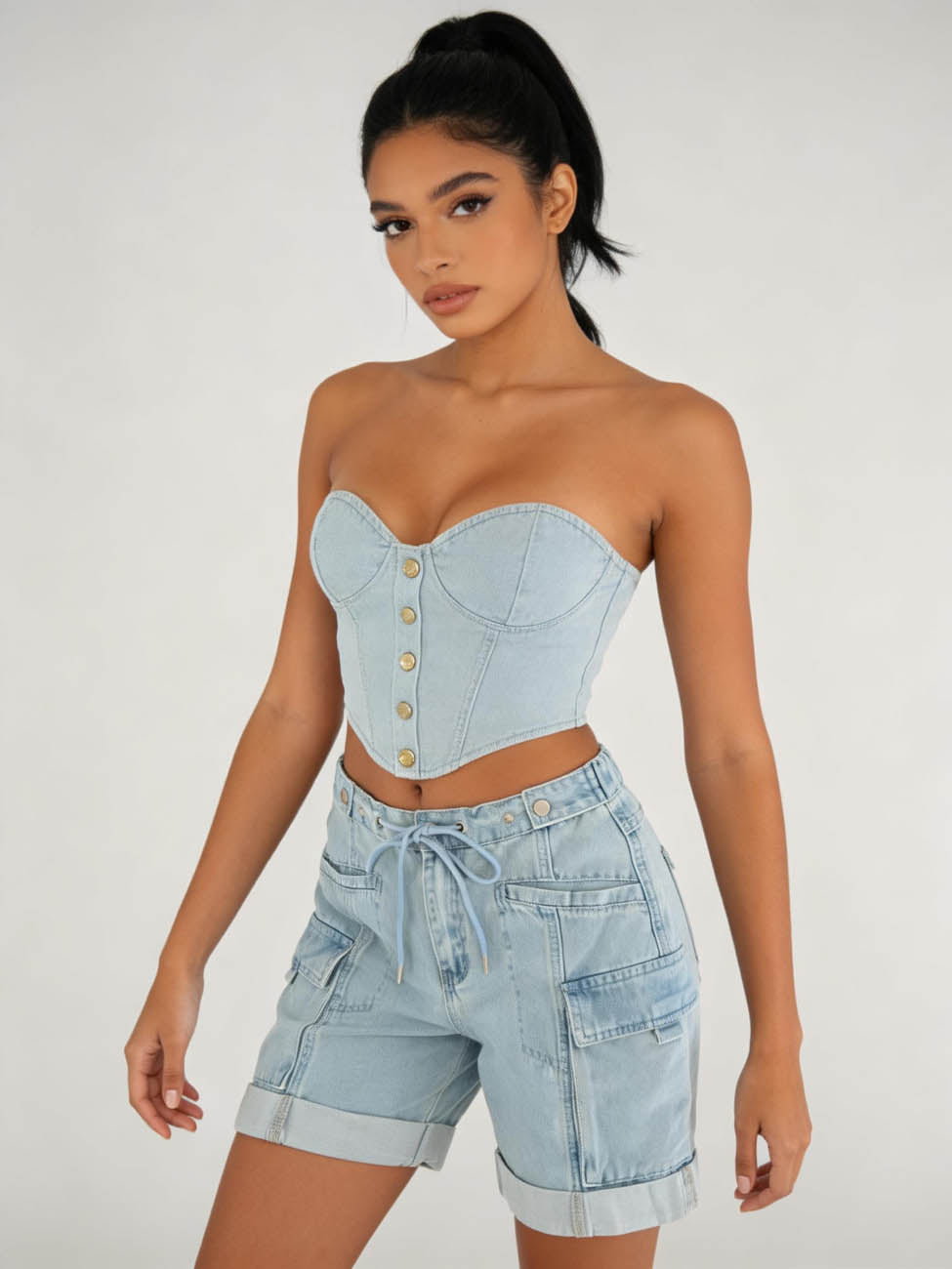 Cherie Code Women's High-Waisted Denim Cargo Shorts – Drawstring Waist Utility Jean Shorts with Zipper Pockets & Rolled Hem, Light Wash
