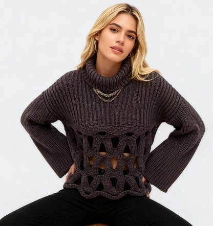 Cherie Code Women’s Hollow‑Knit Irregular Hem Sweater – Turtleneck Long Sleeve Ribbed Pullover