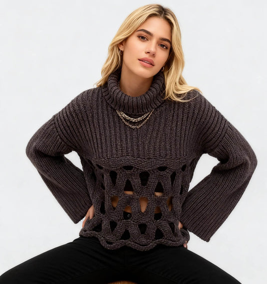 Cherie Code Women’s Hollow‑Knit Irregular Hem Sweater – Turtleneck Long Sleeve Ribbed Pullover