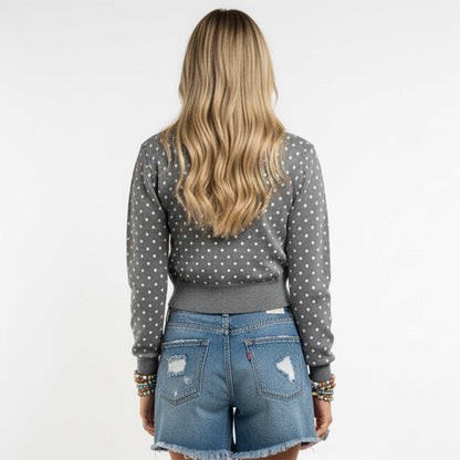 Cherie Code Women’s Grey Polka‑Dot Long‑Sleeve Knit Cardigan – Stretch Rib Knit Button‑Front Sweater