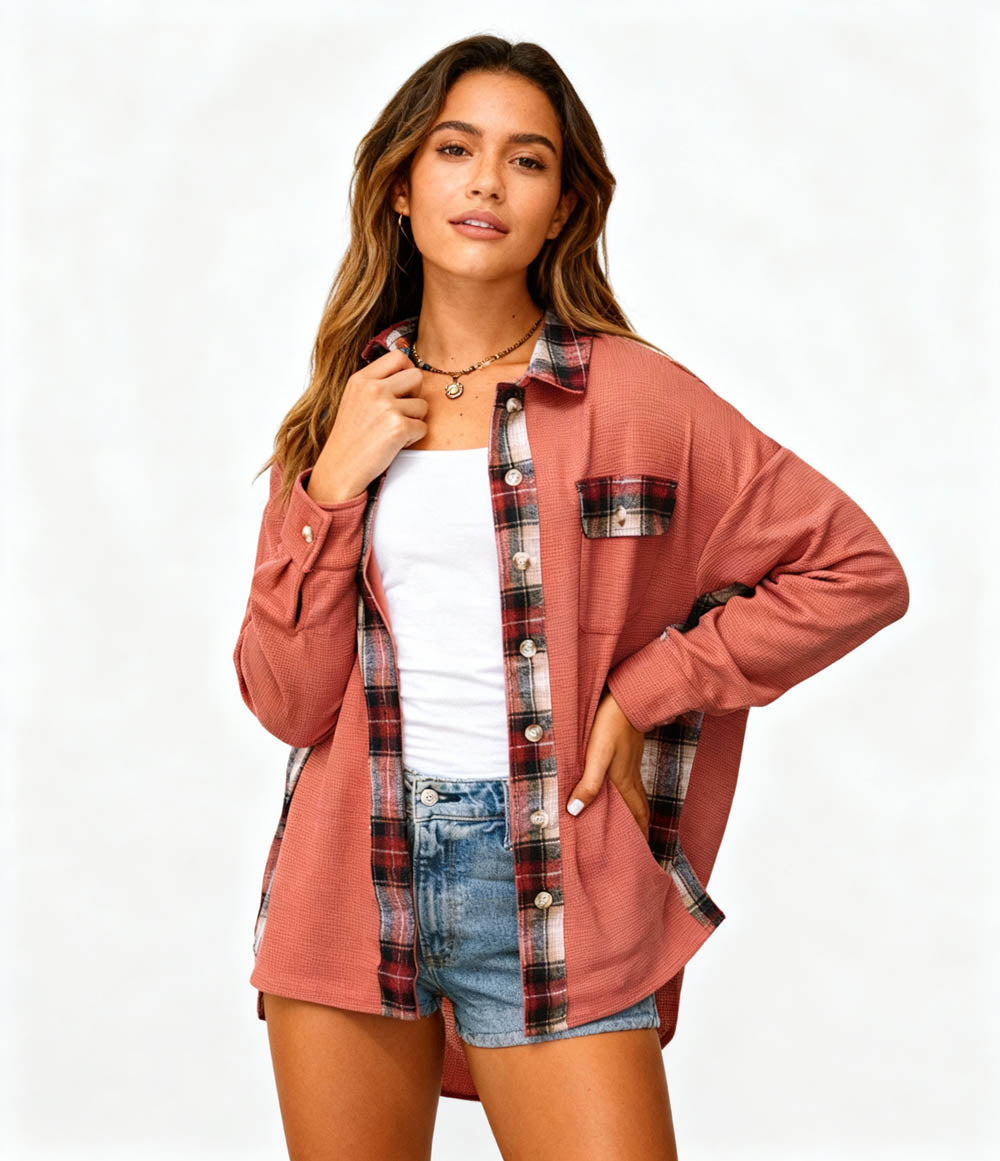 Women’s Long Sleeve Button-Down Shirt Jacket with Plaid Trim – Soft Stretch Fabric