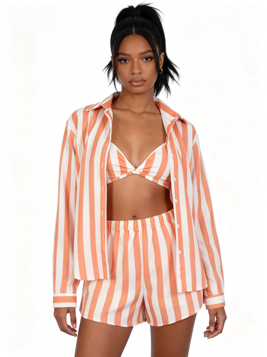 Women's 3-Piece Striped Lounge Set – Button Down Shirt, Triangle Bralette & Elastic Waist Shorts, Lightweight Summer Matching Outfit