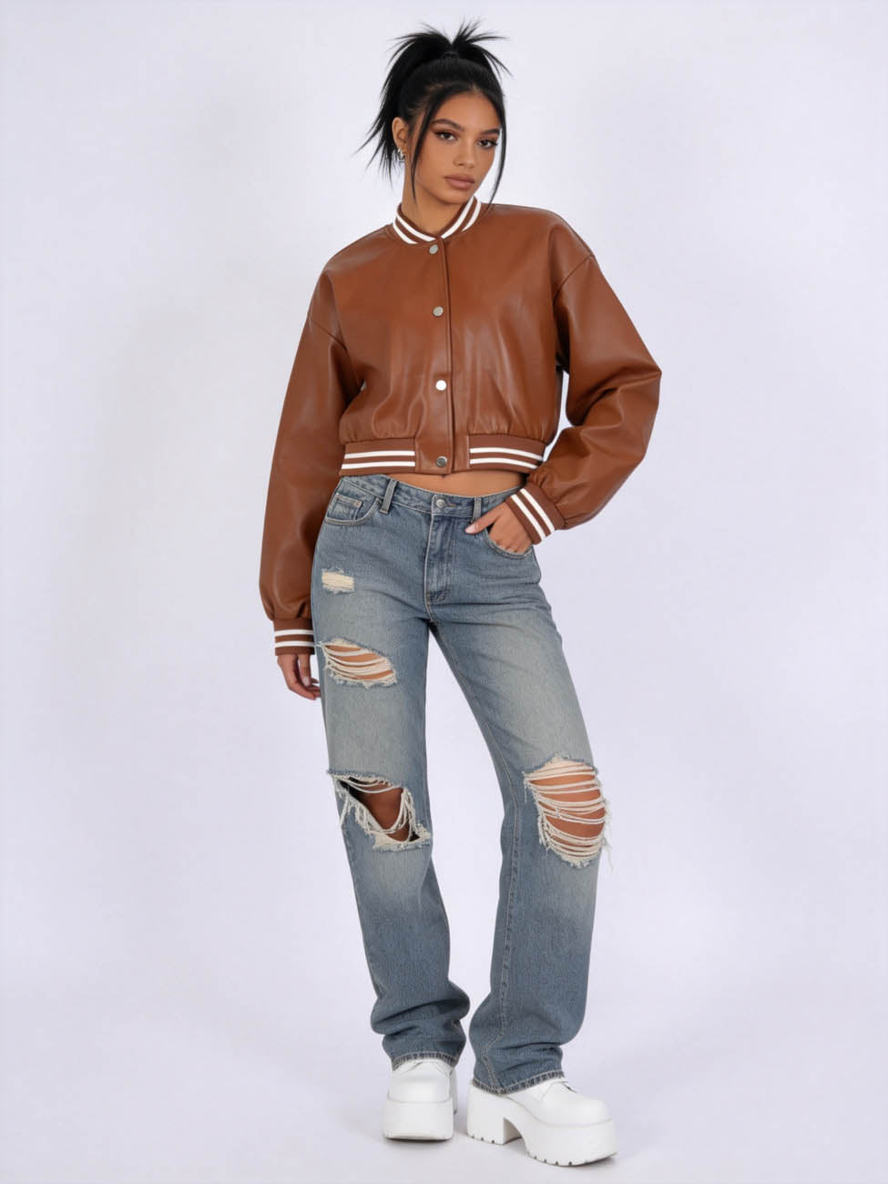 Cherie Code Women's Faux Leather Varsity Bomber Jacket – Snap Button Long Sleeve Cropped Baseball Jacket with Striped Rib Trim