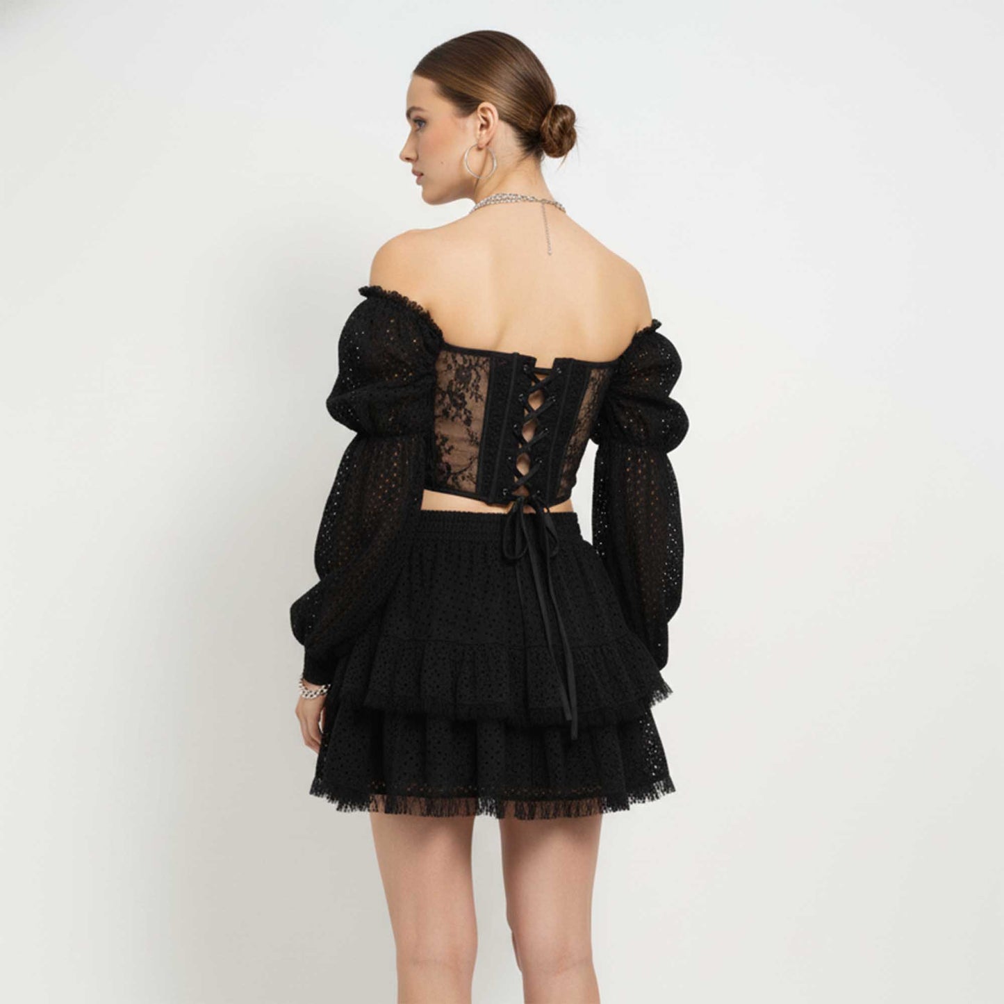 Cherie Code Women’s Black Lace Crop Top & Tiered Lace Mini Skirt Set – Elegant Two‑Piece Evening Ensemble