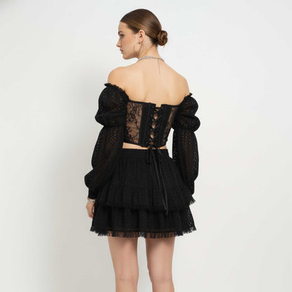 Cherie Code Women’s Black Lace Crop Top & Tiered Lace Mini Skirt Set – Elegant Two‑Piece Evening Ensemble