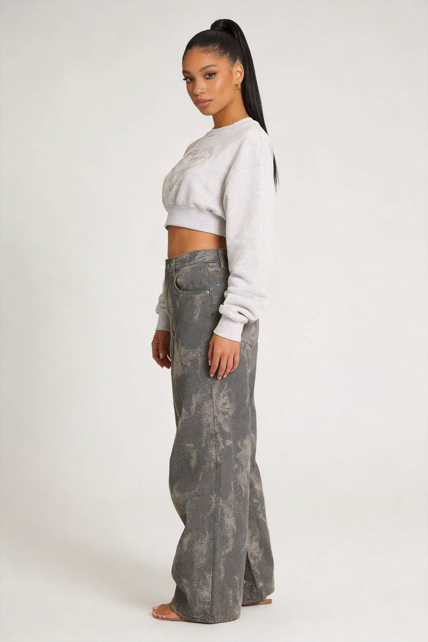 Cherie Code Women’s High-Rise Wide Leg Jeans – Vintage Wash Printed Denim Pants with Relaxed Fit & Cropped Length