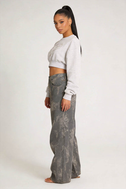 Cherie Code Women’s High-Rise Wide Leg Jeans – Vintage Wash Printed Denim Pants with Relaxed Fit & Cropped Length