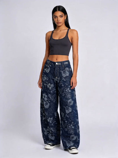 Cherie Code Women’s High-Rise Floral Print Wide Leg Jeans – Vintage Loose Fit Denim Pants, Casual Streetwear Baggy Jeans
