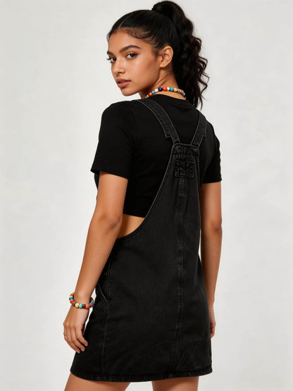 Cherie Code Women's Washed Denim Overall Mini Dress – Casual Adjustable Strap Pocket Pinafore Dress