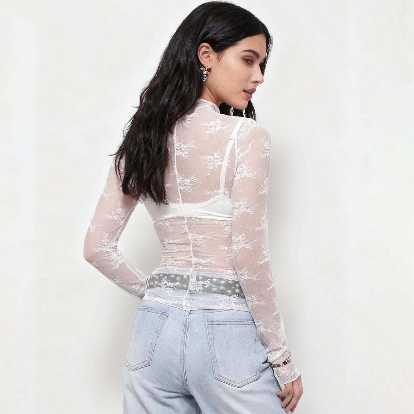 Women's Floral Lace Slim-Fit Top – Sheer Stretch Tee with Baby Overlock Edge Cherie Code