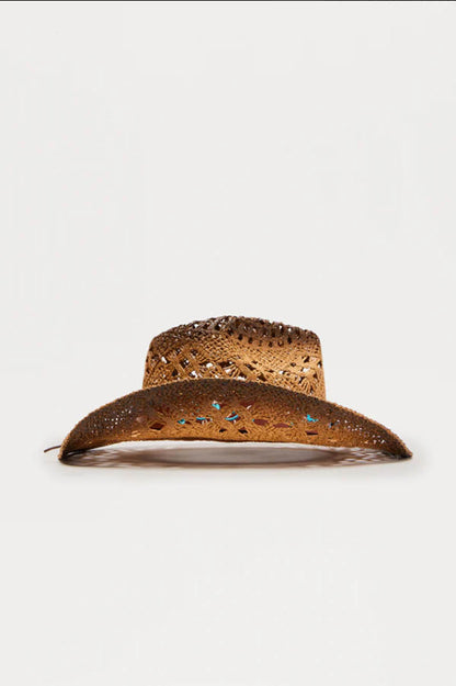 Cherie Code Women's Turquoise Accent Western Straw Cowboy Hat, Breathable Openwork Sun Hat