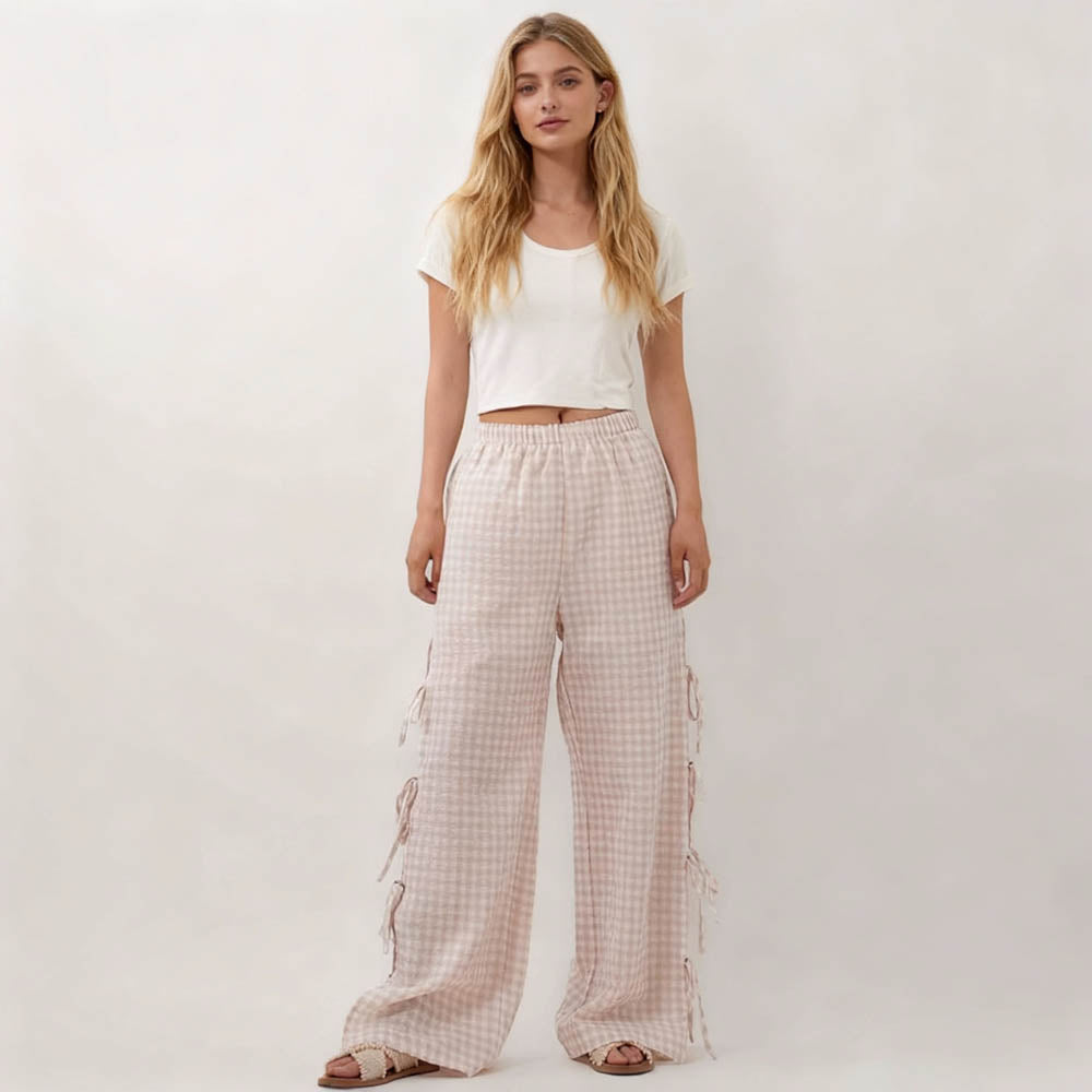 Women Everyday Checked Elastic Waist Side Strape Bowtie Casual Loungewear Pants Cherie Code
