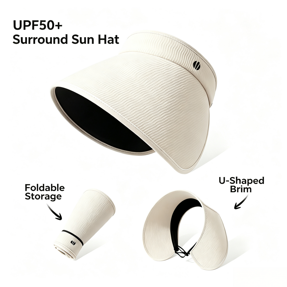Cherie Code Single Foldable Open Top Sun Visor UPF50+ UV Protection Wide U-Shaped Brim Breathable Packable Golf Beach Sport Sun Hat Off White 1 Pack