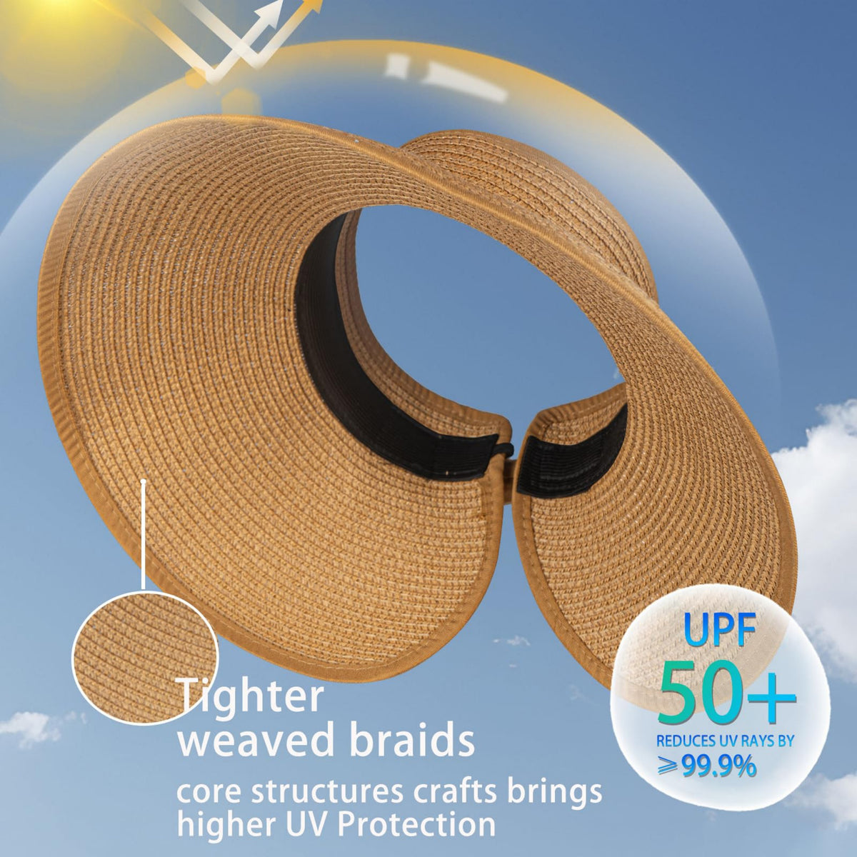 Cherie Code Single Bow Decor Open Top Straw Sun Visor UPF50+ UV Protection Wide Brim Foldable Breathable Beach Golf Summer Sun Hat Khaki 1 Pack
