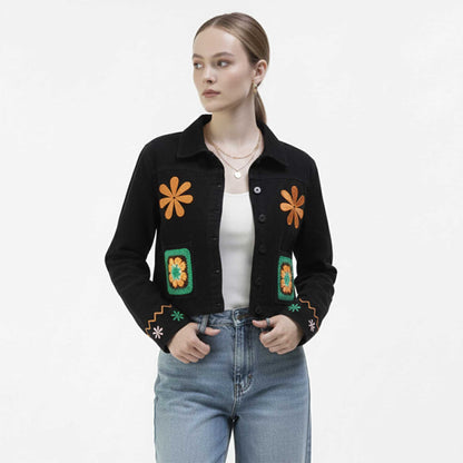 Cherie Code Women’s Embroidered Floral Denim‑Style Jacket – Button‑Front Black Jacket with Pockets