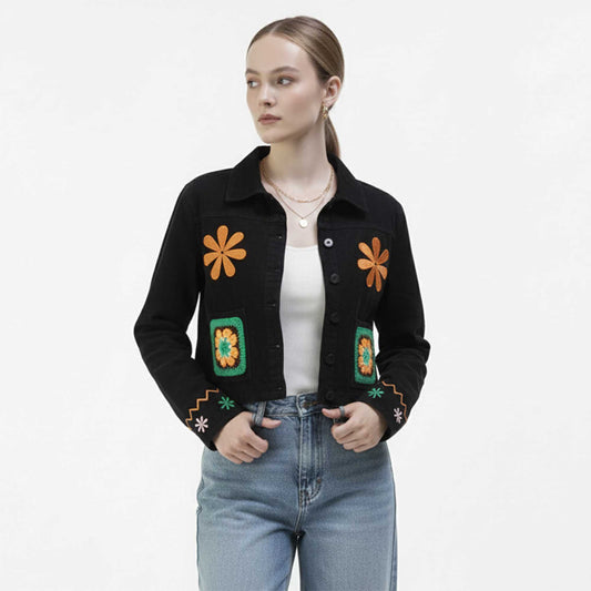 Cherie Code Women’s Embroidered Floral Denim‑Style Jacket – Button‑Front Black Jacket with Pockets