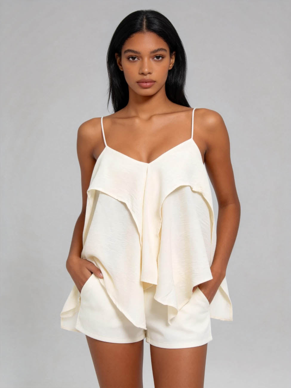 Women's Flowy Ruffle Cami Top – Spaghetti Strap Layered Loose Fit Sleeveless Blouse, Lightweight Summer Chic Tank