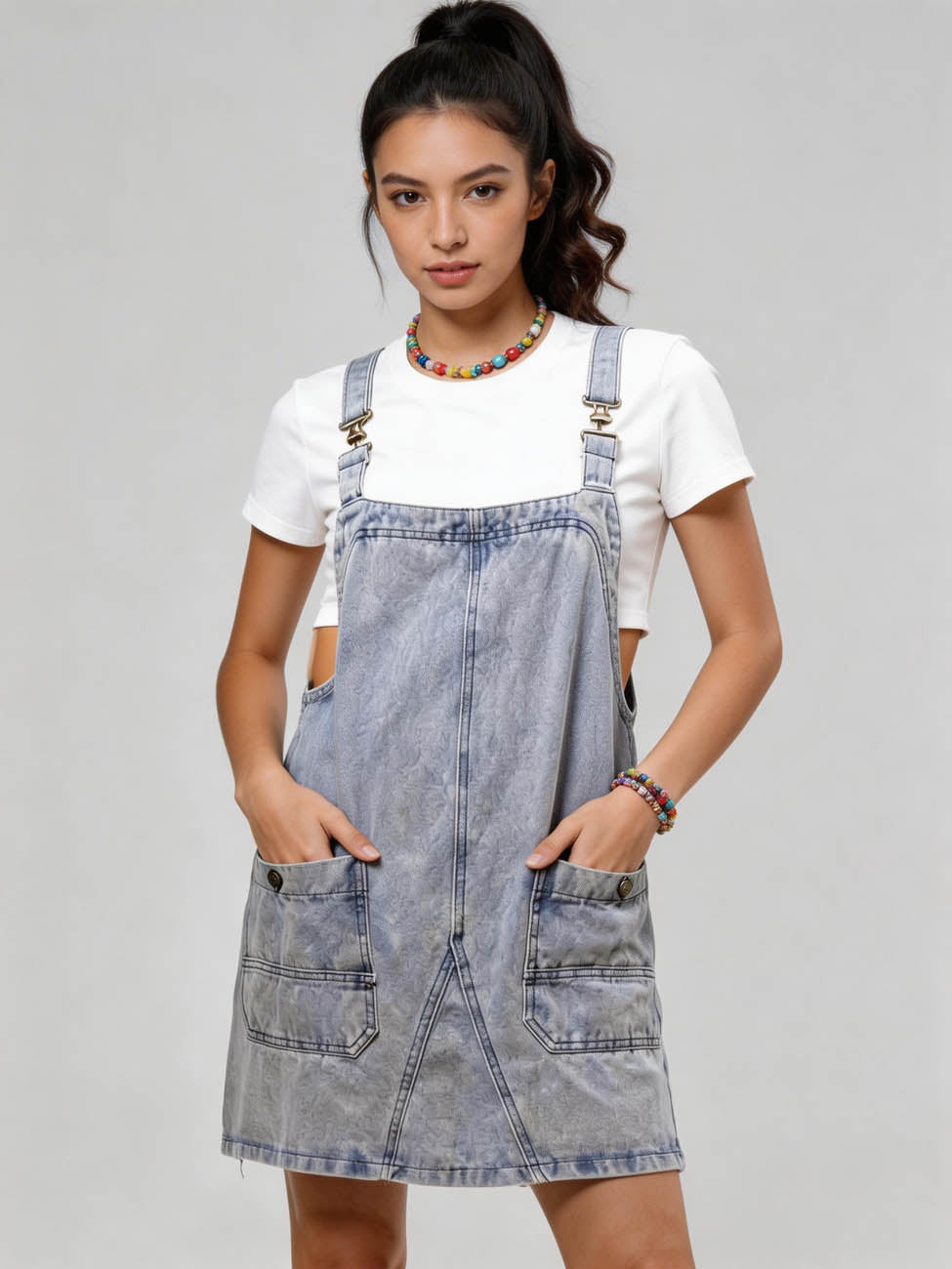 Cherie Code Women's Washed Denim Overall Mini Dress – Casual Adjustable Strap Pocket Pinafore Dress
