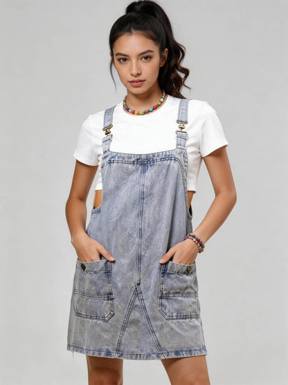 Cherie Code Women's Washed Denim Overall Mini Dress – Casual Adjustable Strap Pocket Pinafore Dress