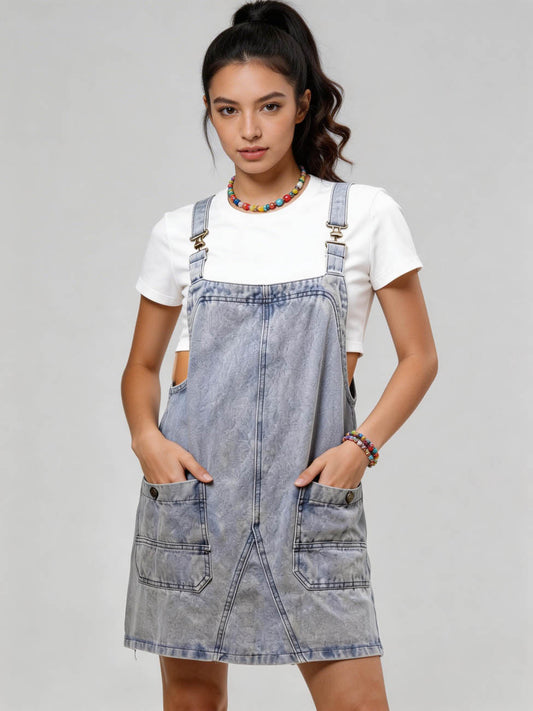 Cherie Code Women's Washed Denim Overall Mini Dress – Casual Adjustable Strap Pocket Pinafore Dress