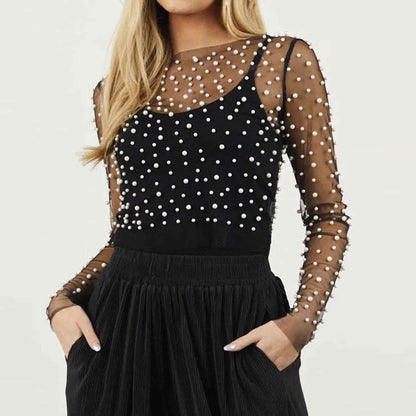 Chic Long Sleeve Sheer Top with Pearl Details - Non-Stretch Polyamide Layering Essential Cherie Code
