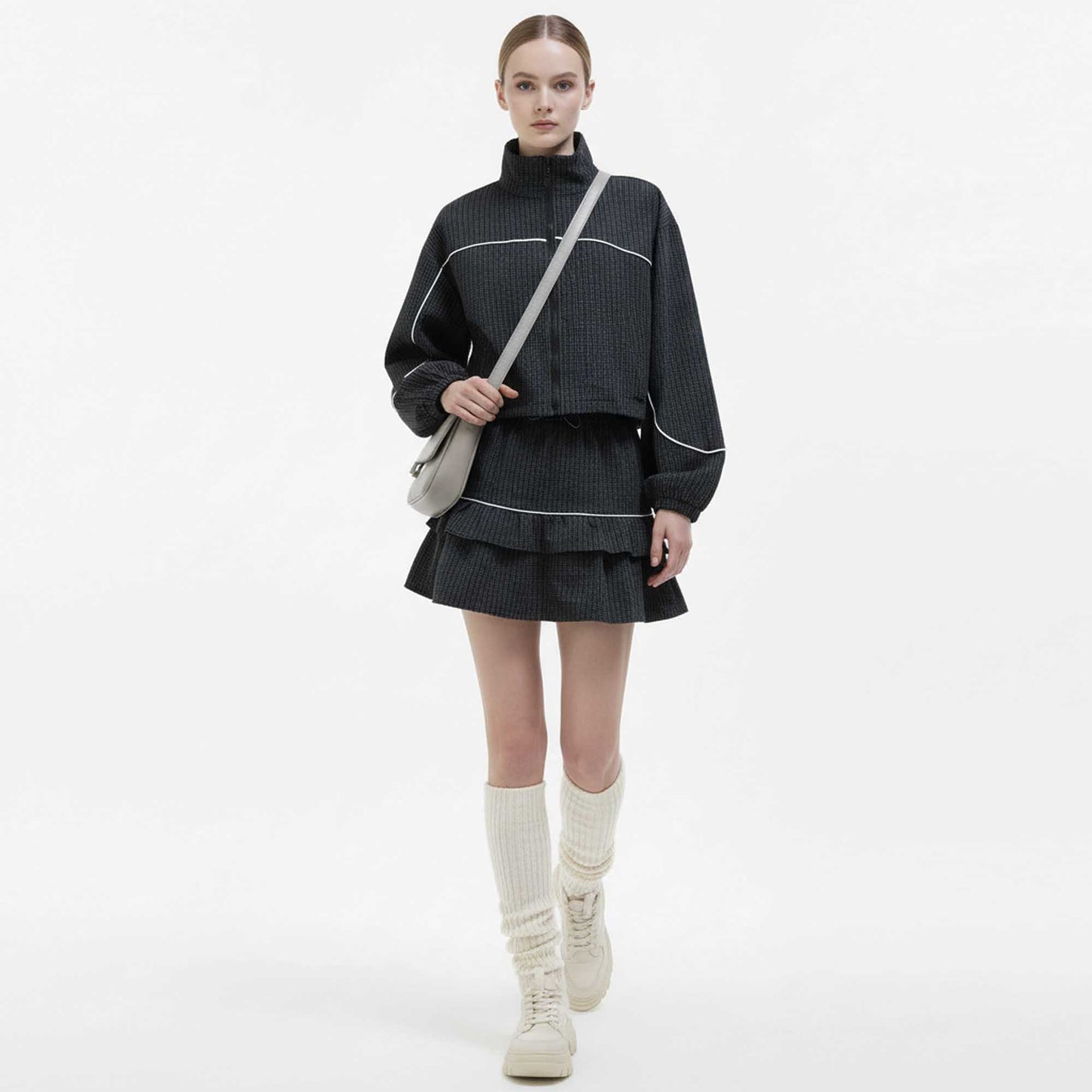 Cherie Code Women’s Plaid Patchwork Jacket & Tiered Ruffle Skort Set – Zipper Front, Stand Collar Casual Two‑Piec