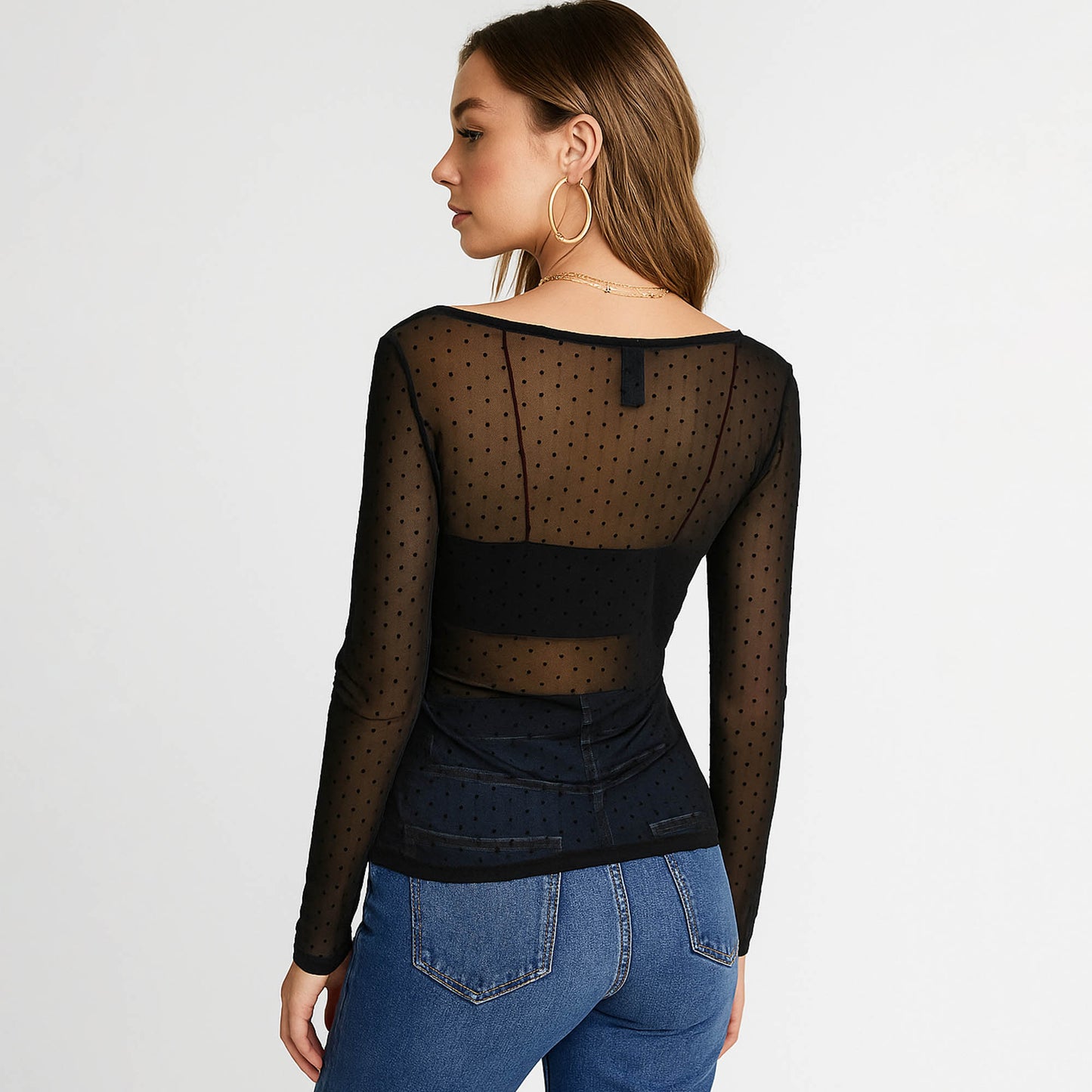 Cherie Code Women’s Knit Top – Polka Dot, Square Neck, Long Sleeve