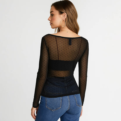 Cherie Code Women’s Knit Top – Polka Dot, Square Neck, Long Sleeve