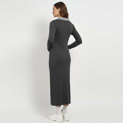 Cherie Code Women’s Grey Ribbed Knit Maxi Dress – Long‑Sleeve Collared Slim Fit Sweater Dress