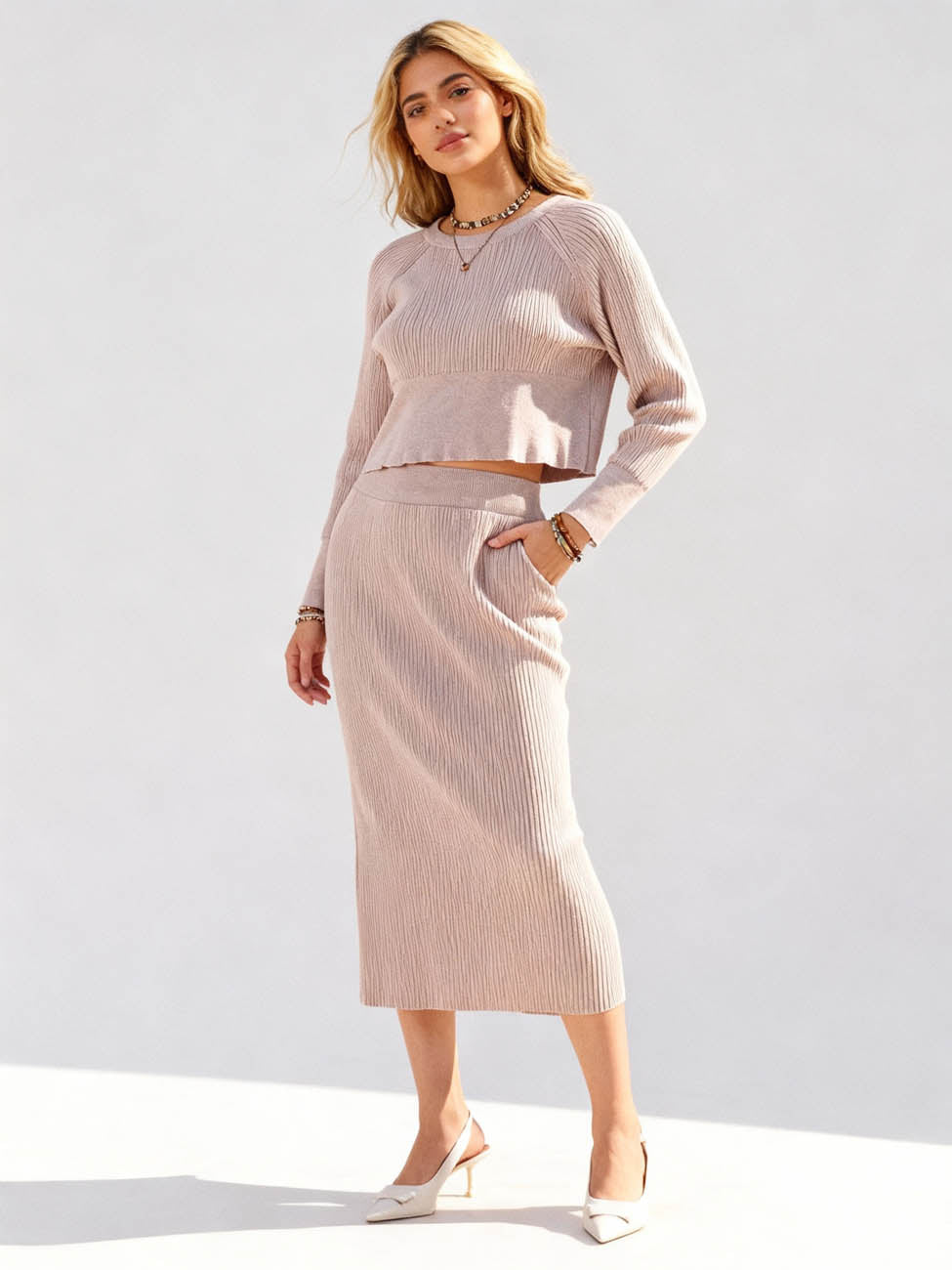 Women's Sweater Set - Stretch Knit Top & Back-Slit Midi Skirt Matching Set Cherie Code