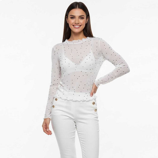 Cherie Code Women’s Mesh Dot Print Top – Slim Long-Sleeve Layer, Stretch