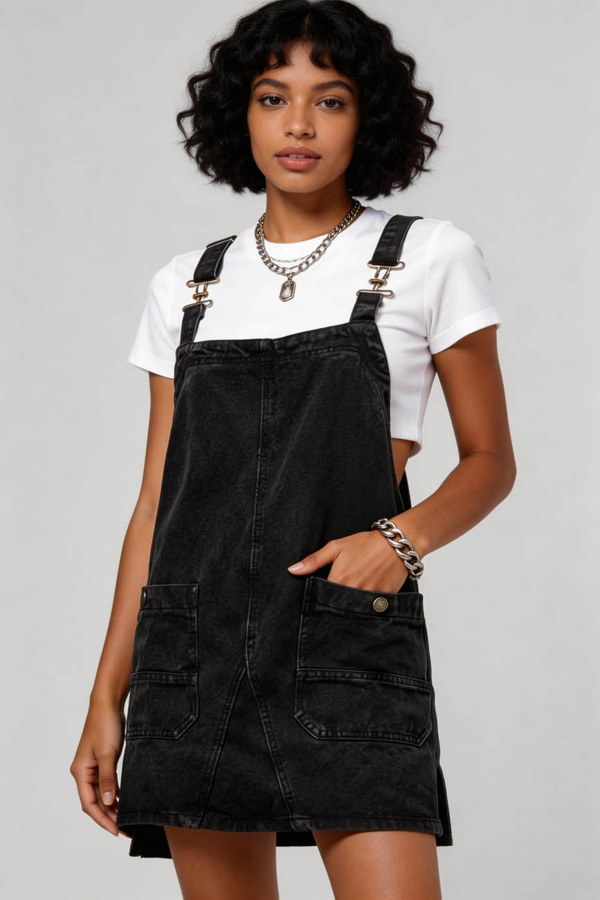Cherie Code Women's Washed Denim Overall Mini Dress – Casual Adjustable Strap Pocket Pinafore Dress