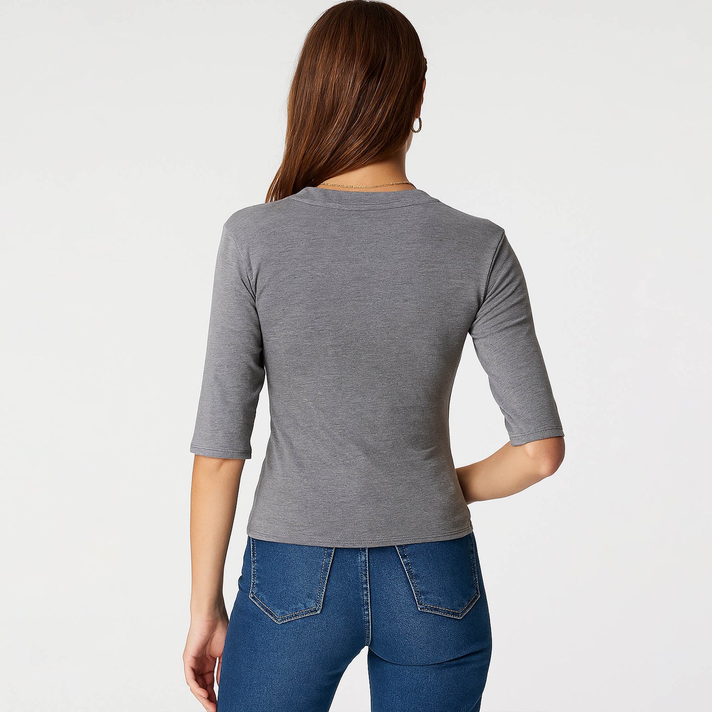 Cherie Code Women’s V-Neck Tee – Stretch Knit, Elbow Sleeve, Fitted Silhouette