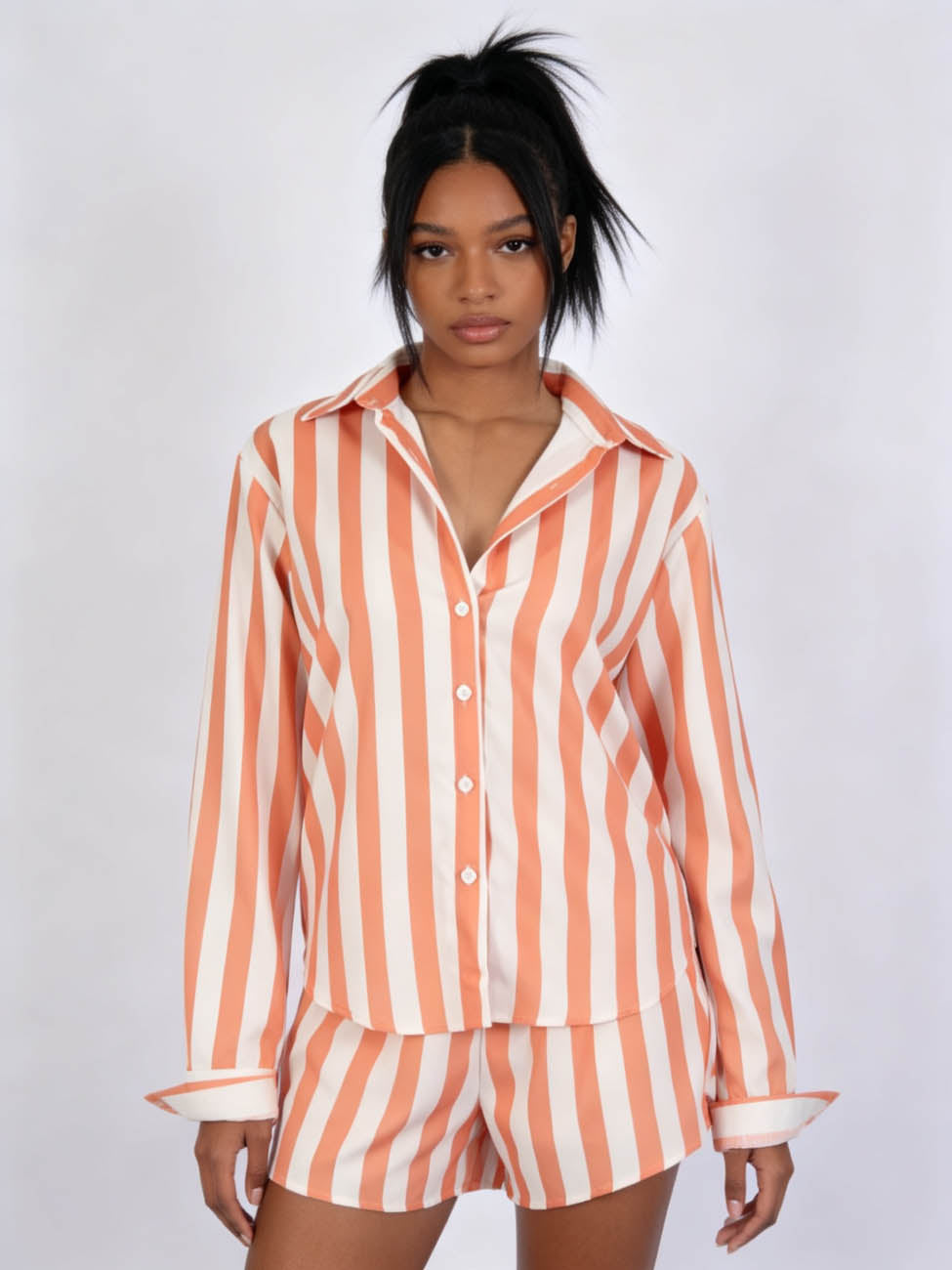 Women's 3-Piece Striped Lounge Set – Button Down Shirt, Triangle Bralette & Elastic Waist Shorts, Lightweight Summer Matching Outfit