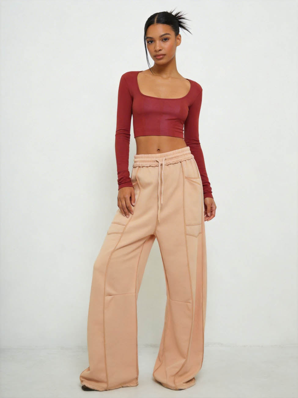 Cherie Code Women's High-Rise Wide Leg Pants with Drawstring and Pockets – Stretch Knit Casual Lounge Pants