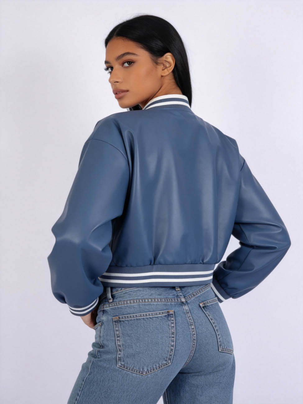 Cherie Code Women's Faux Leather Varsity Bomber Jacket – Snap Button Long Sleeve Cropped Baseball Jacket with Striped Rib Trim
