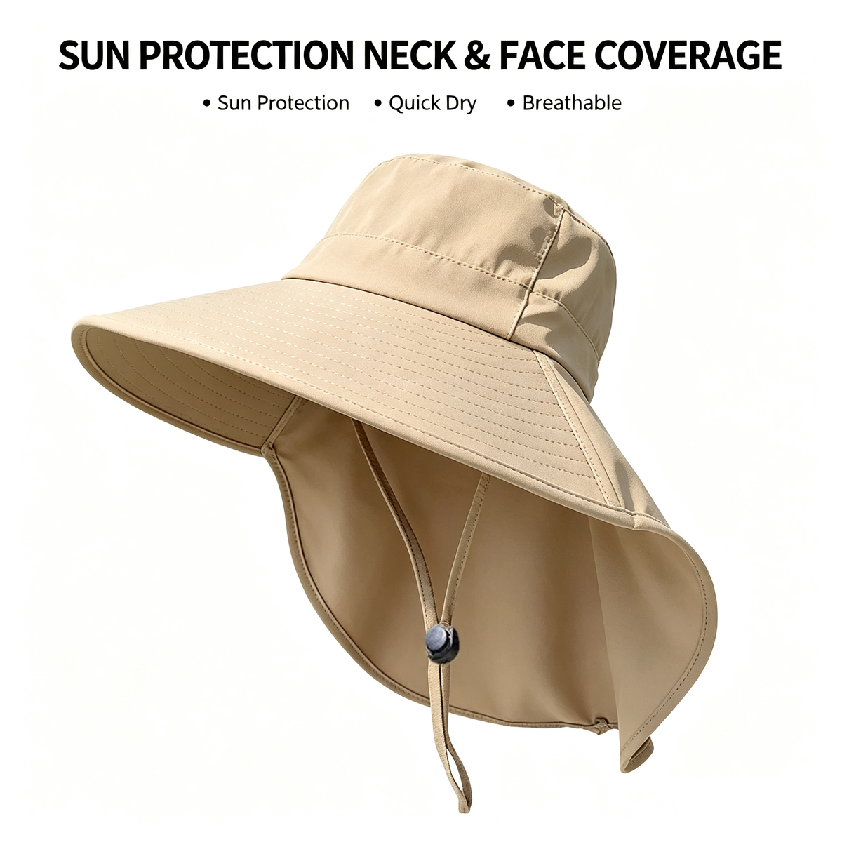 Cherie Code Single Neck Flap Wide Brim Bucket Sun Hat UPF50+ Water Repellent Quick Dry Breathable Fishing Hiking Boonie Hat Khaki 1 Pack