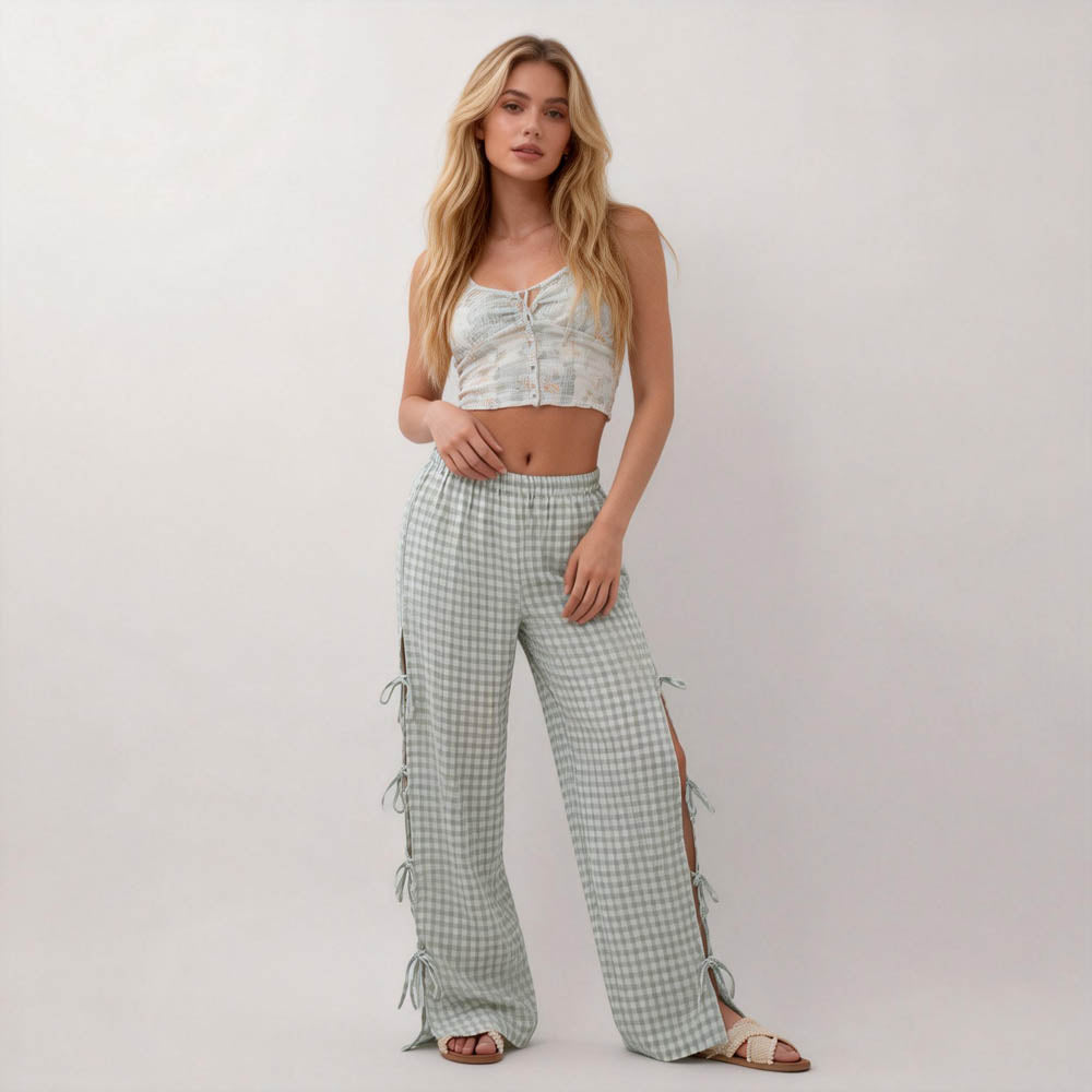 Women Everyday Checked Elastic Waist Side Strape Bowtie Casual Loungewear Pants Cherie Code