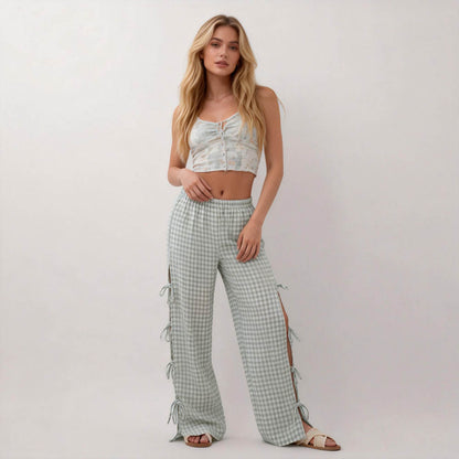 Women Everyday Checked Elastic Waist Side Strape Bowtie Casual Loungewear Pants Cherie Code