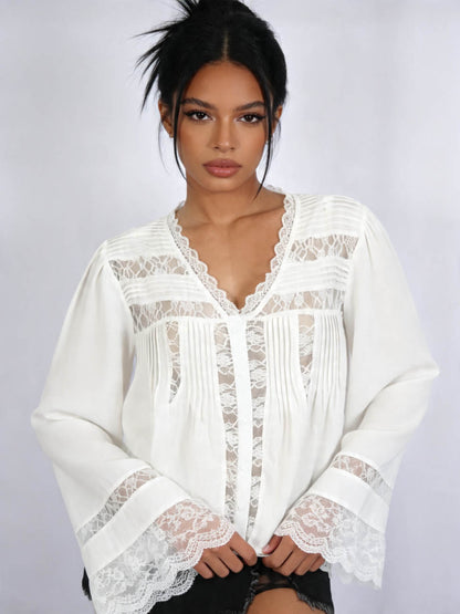 Cherie Code Women’s Lace‑Trim Ruffle Blouse – V‑Neck Button‑Down Top with Bell Sleeves