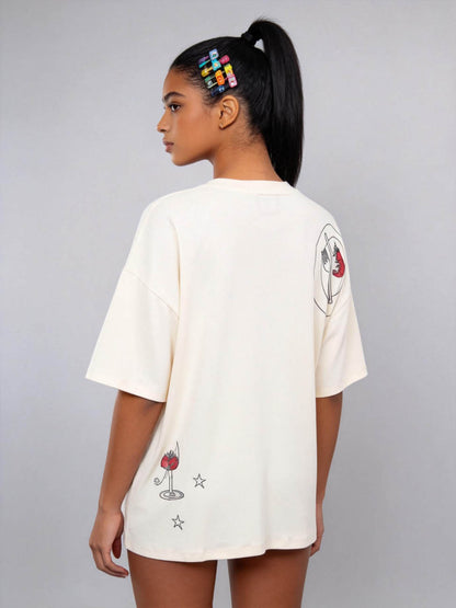 Cherie Code Women’s Oversized Graphic Tee – Fun Food & Cutlery Print, Casual Summer Top