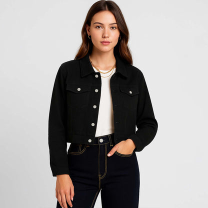 Women's Solid Color Denim Jacket with Pockets – Long Sleeve Button Front Casual Outerwear by Cherie Code
