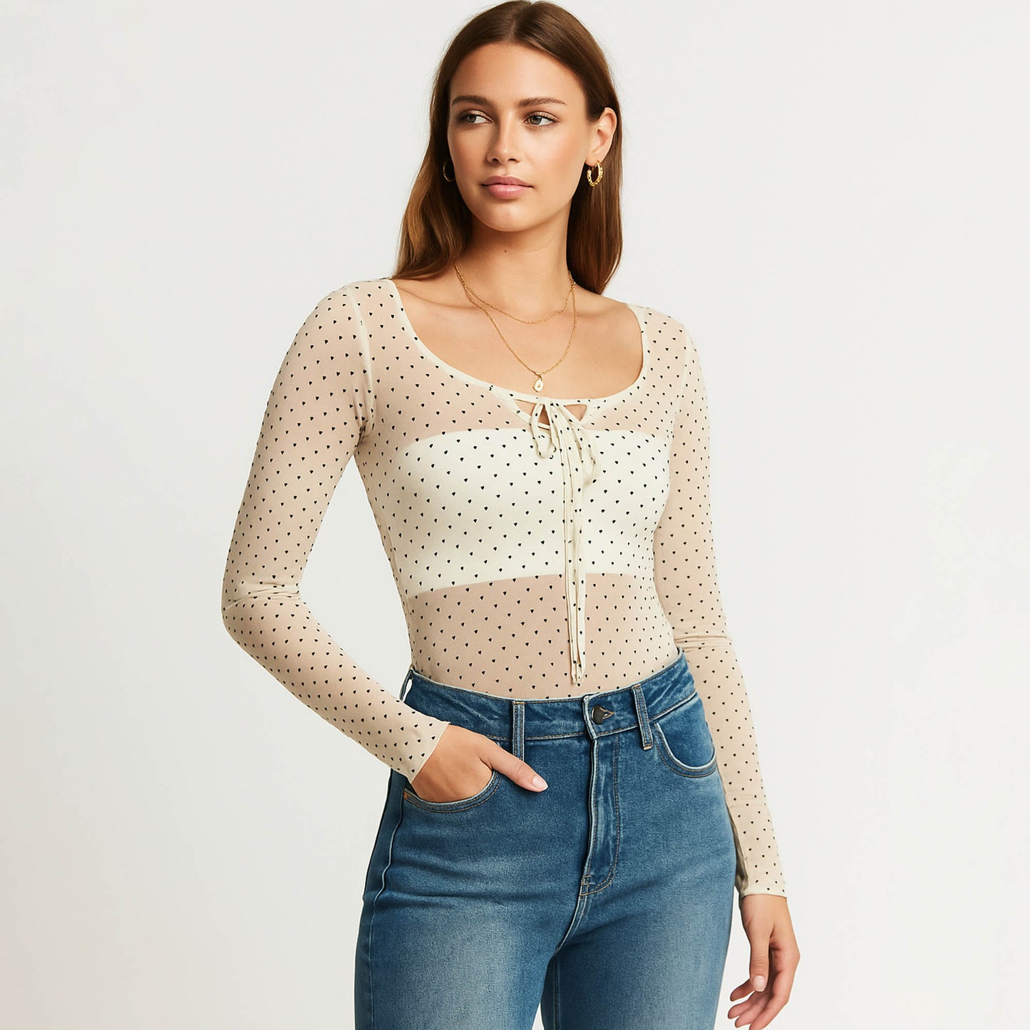 Cherie Code Women’s Knit Top – Polka Dot, Square Neck, Long Sleeve